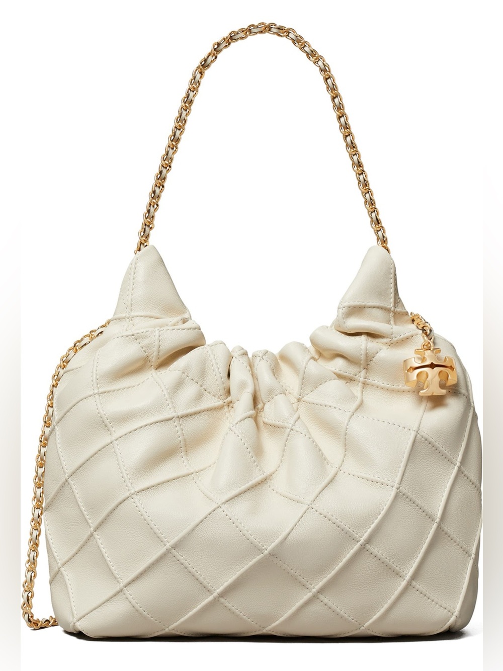 Mini Fleming Quilted Leather Hobo Bag Cream crossbody/adjustable chain.